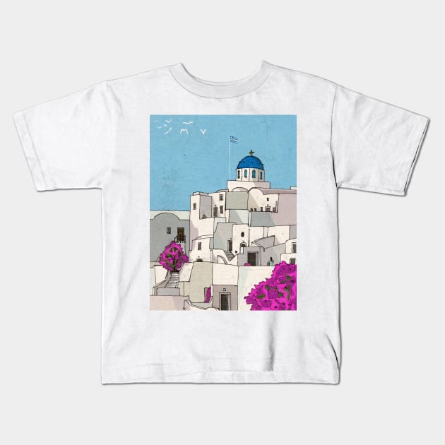 Oia Santorini Greece Whimsical Illustration Kids T-Shirt by Wall-Art-Sketch